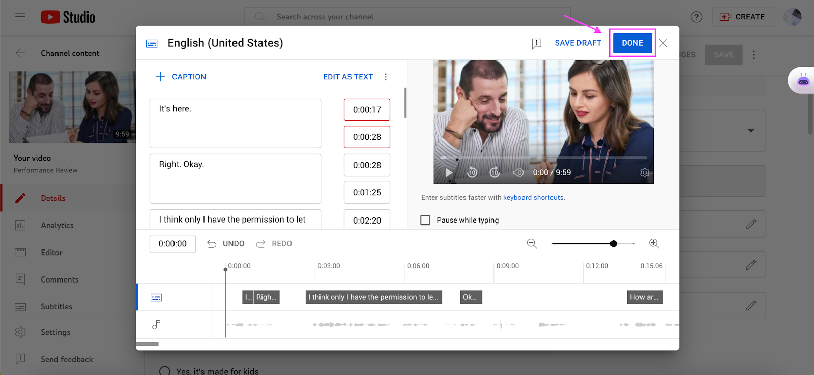 Add transcript to YouTube video - Review your subtitles before finalizing