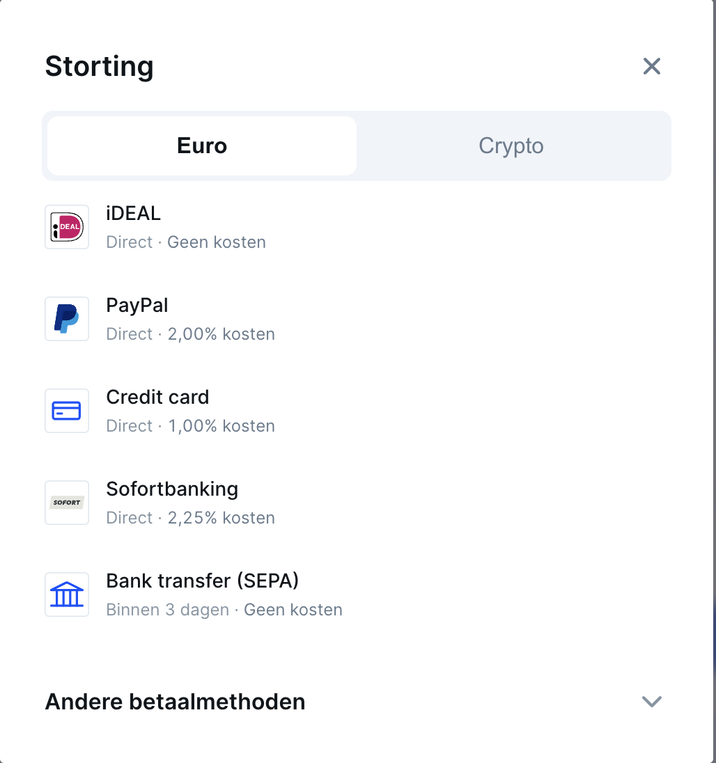 Verschillende betaalmethodes waar je uit kunt kiezen, bijvoorbeeld iDEAL, PayPal en Credit Card. 