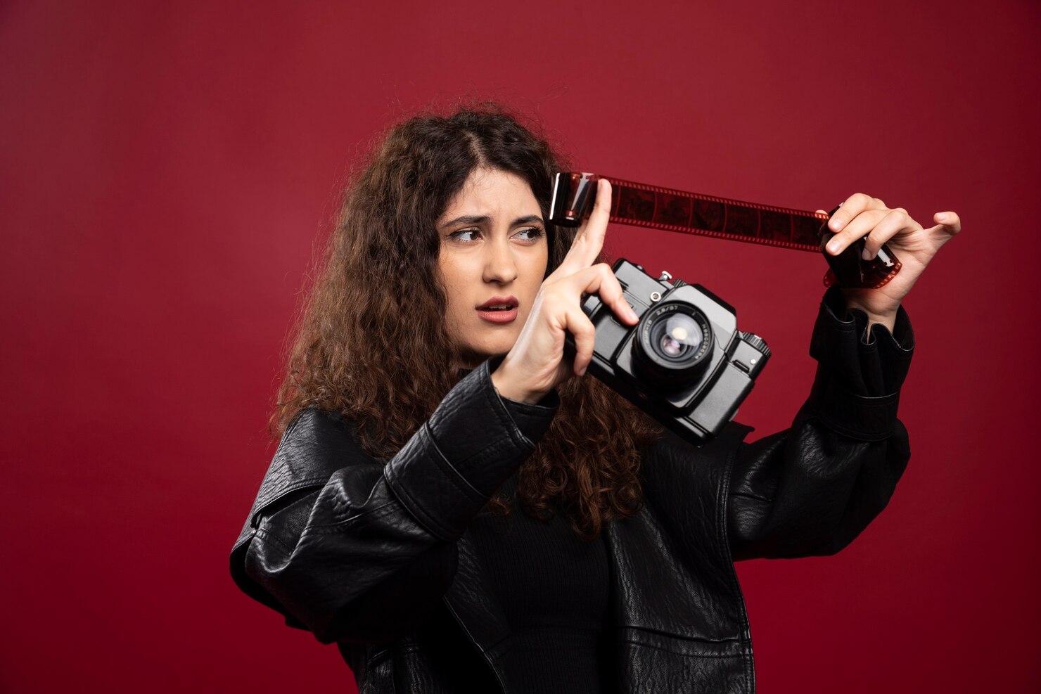 Woman holding a camera and photo tape

