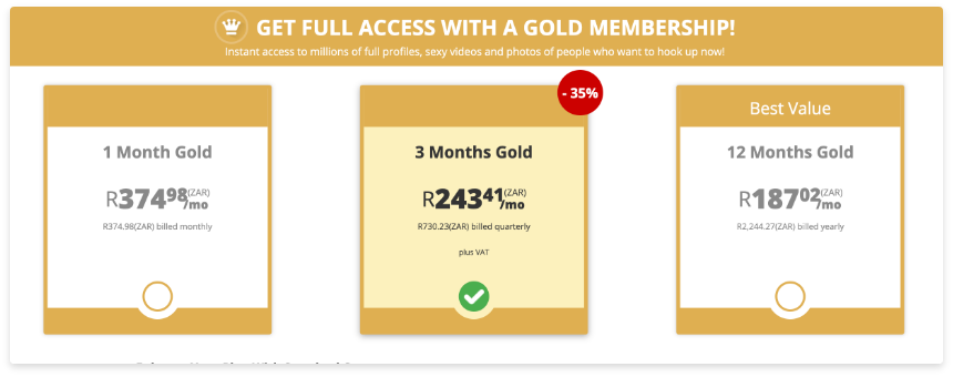 Gold membership prices and packages for the dating site Friend Finder X.