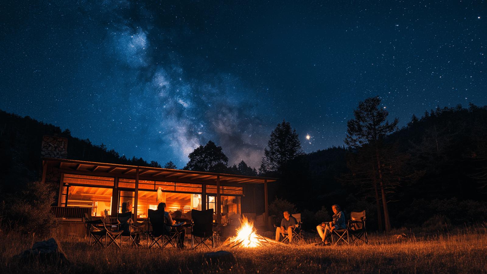  Friends gathered around a campfire under starry sky at a secluded vacation rental in Mexico City