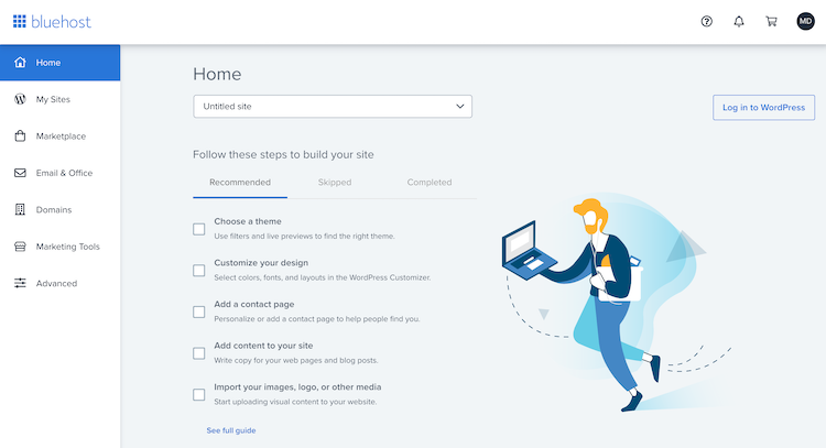 bluehost user interface