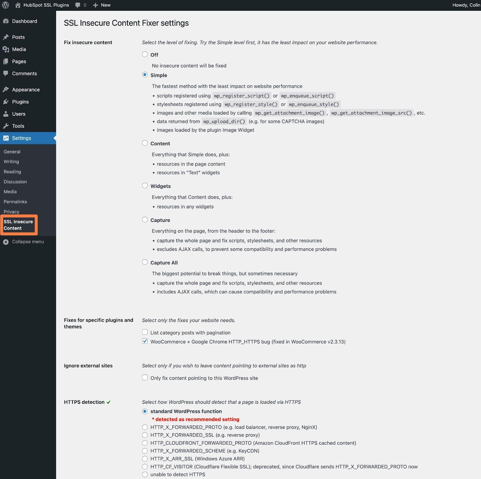 WordPress SSL plugin, the SSL Insecure Content Fixer plugin settings area.