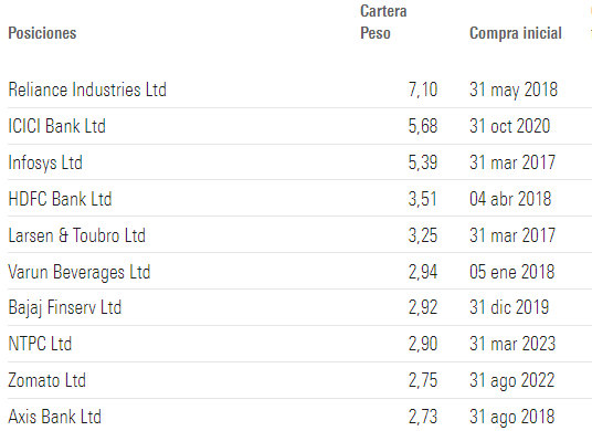 Principales posiciones del RAMS Equities Portfolio Fund India Equities Portfolio Fund Class RDR GBP