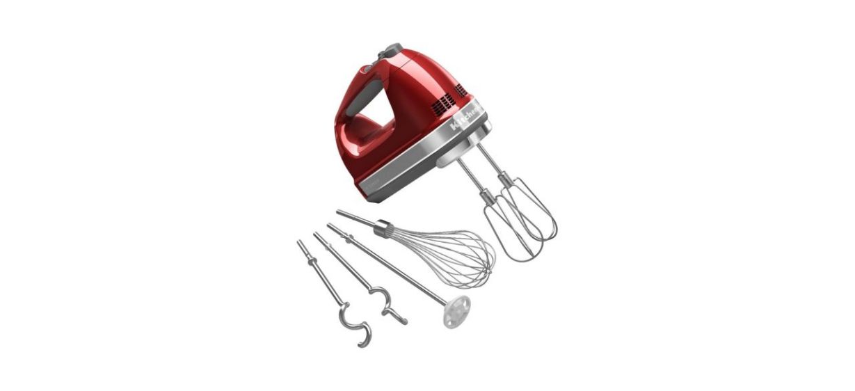red KitchenAid 9-Speed Digital Hand Mixer with accessories shown