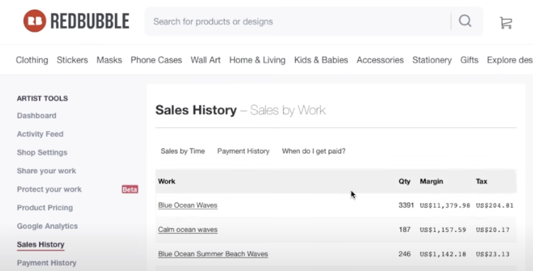 A screenshot of the seller's dashboard on Redbubble displaying sales history. 