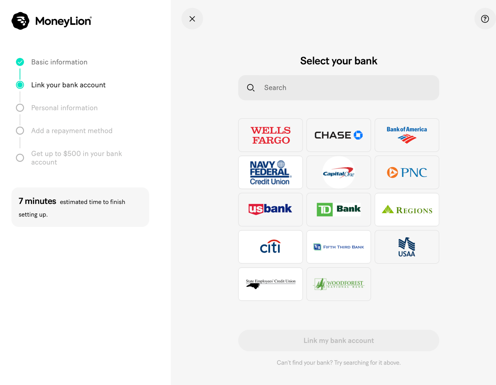 A screenshot showing MoneyLion's bank linking interface with an estimated time to finish setup and a list of accepted banks.