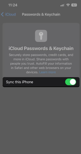 Enable Passwords and Keychain by turning the toggle.