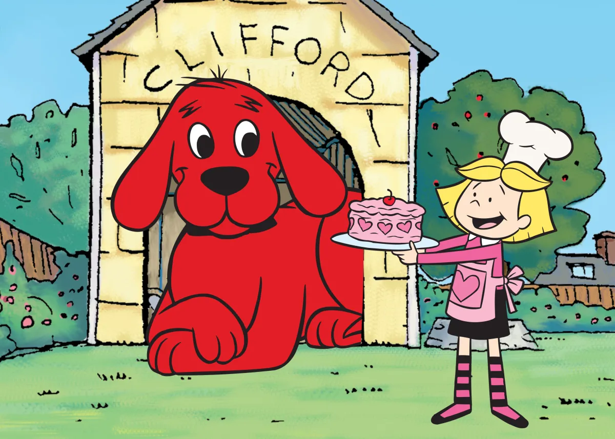Emily mostrándole un pastel a Clifford