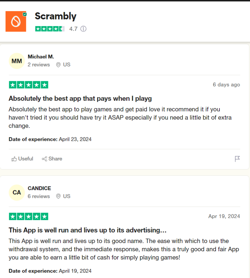 Two 5-star reviews from Scrambly users who enjoy using the app and think it's a good way to make a little extra money. 