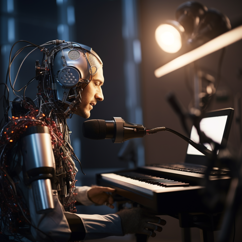 An AI human sitting at a keyboard, recording voiceover content for a video.
