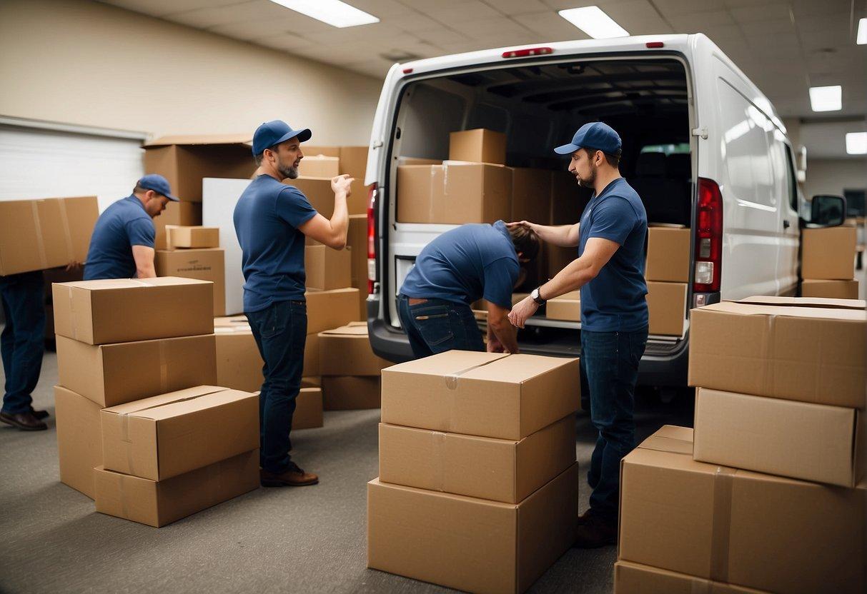 Employees packing boxes, labeling items, and organizing files for office relocation. Furniture being wrapped and loaded onto moving trucks