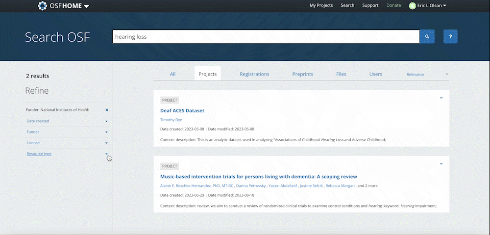 Gif of user using refine filters to search projects on the OSF