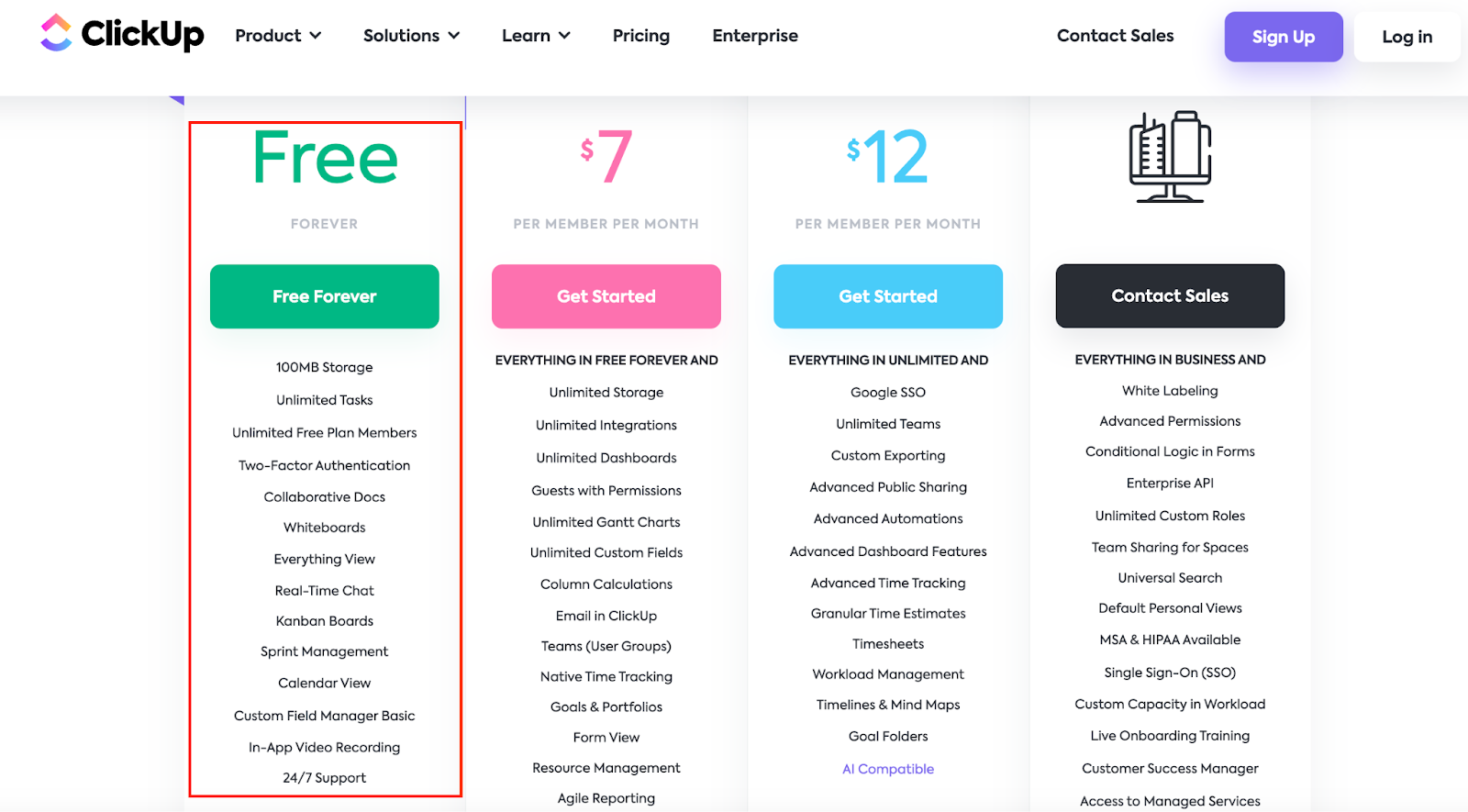 Clickup's freemium PLG model screenshot