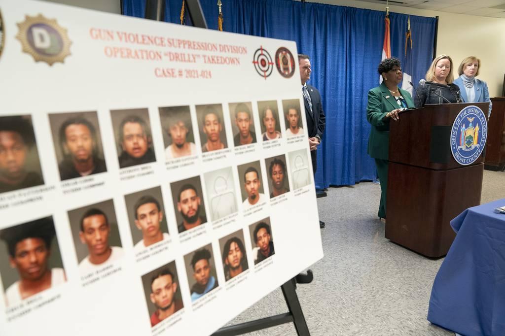 Bronx District Attorney Darcel Clark announcing the arrests of 20 alleged members of the G-Side/Drilly gang members Thursday, April 7, 2022 in the Bronx.
