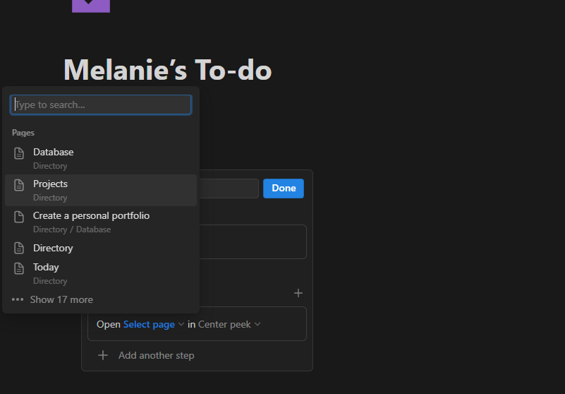 Melanie's To-do Notion page with two pop ups on on display.