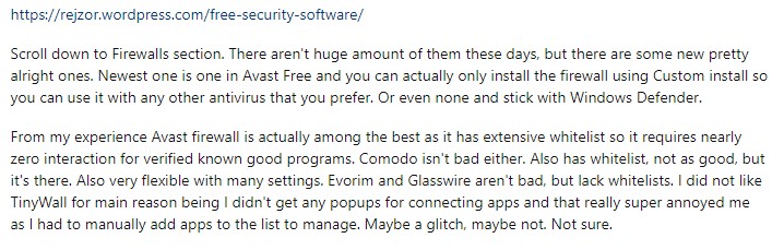 Screenshot of a Reddit discussion regarding free firewall service providers