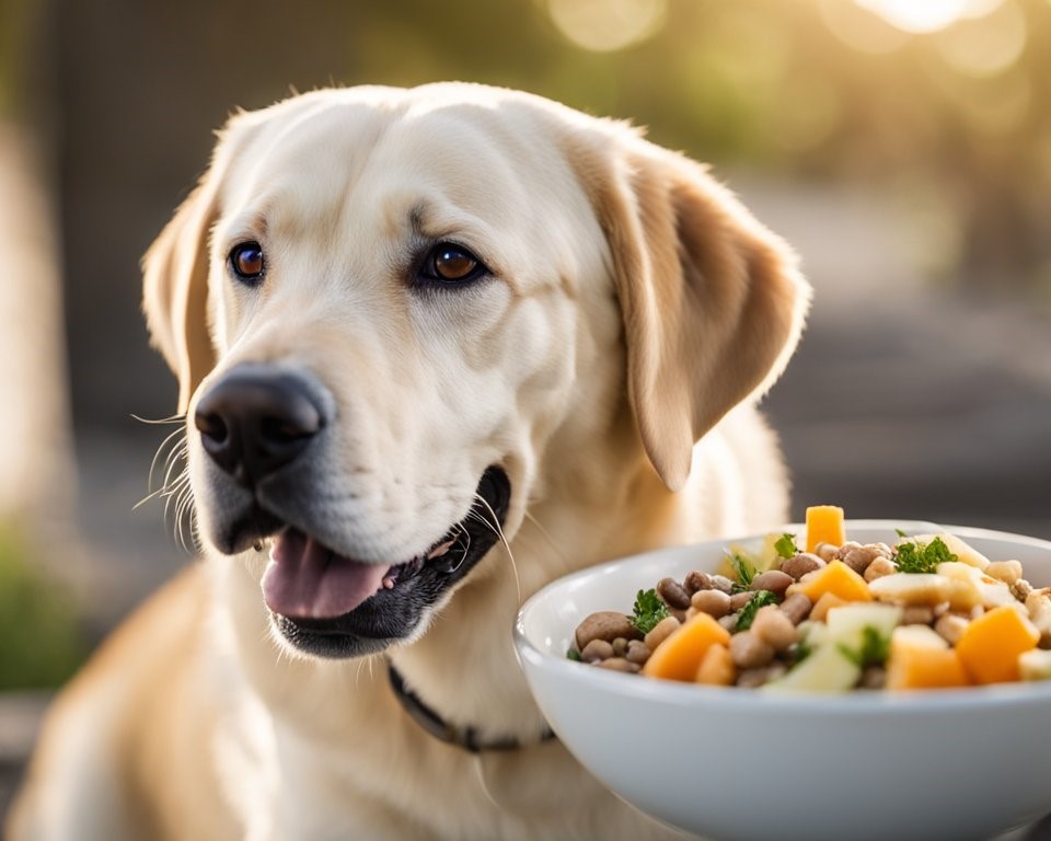 white labrador retriever eating nutritious dog food 