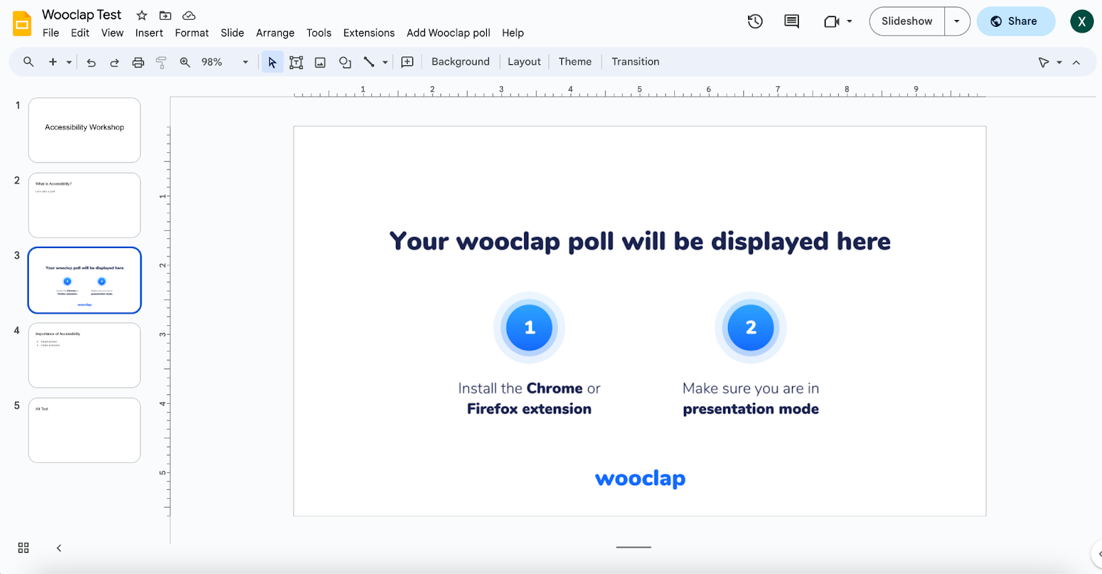 Google Slides slide deck interface, the current slide showing "Your wooclap poll will be displayed here".