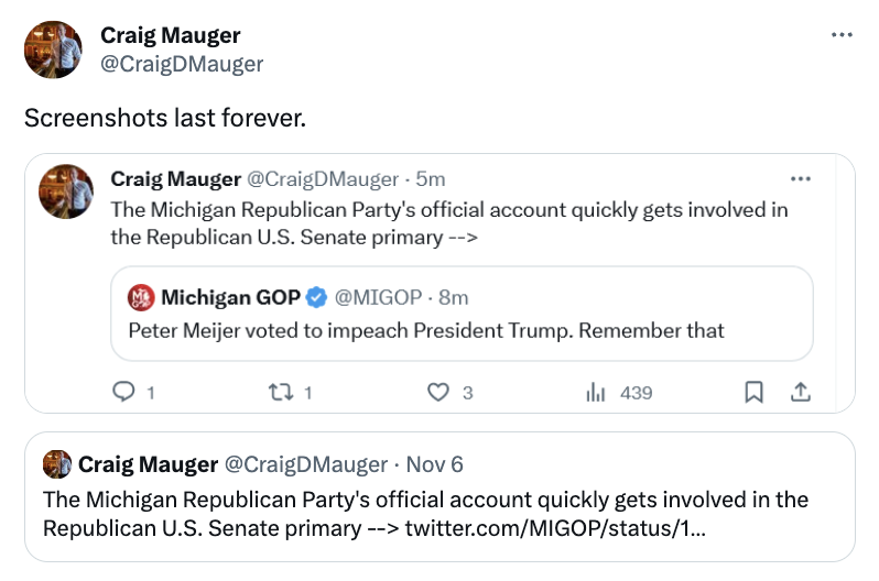 Craig Mauger quote tweet of a screenshot of a since deleted negative MIGOP tweet about Peter Meijer. 