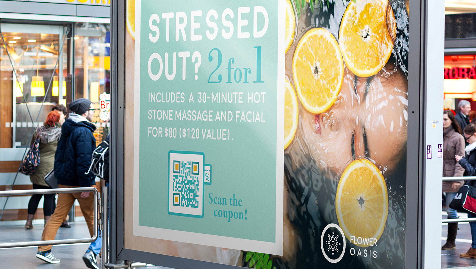 An example of a QR Code on a billboard in a busy shopping area