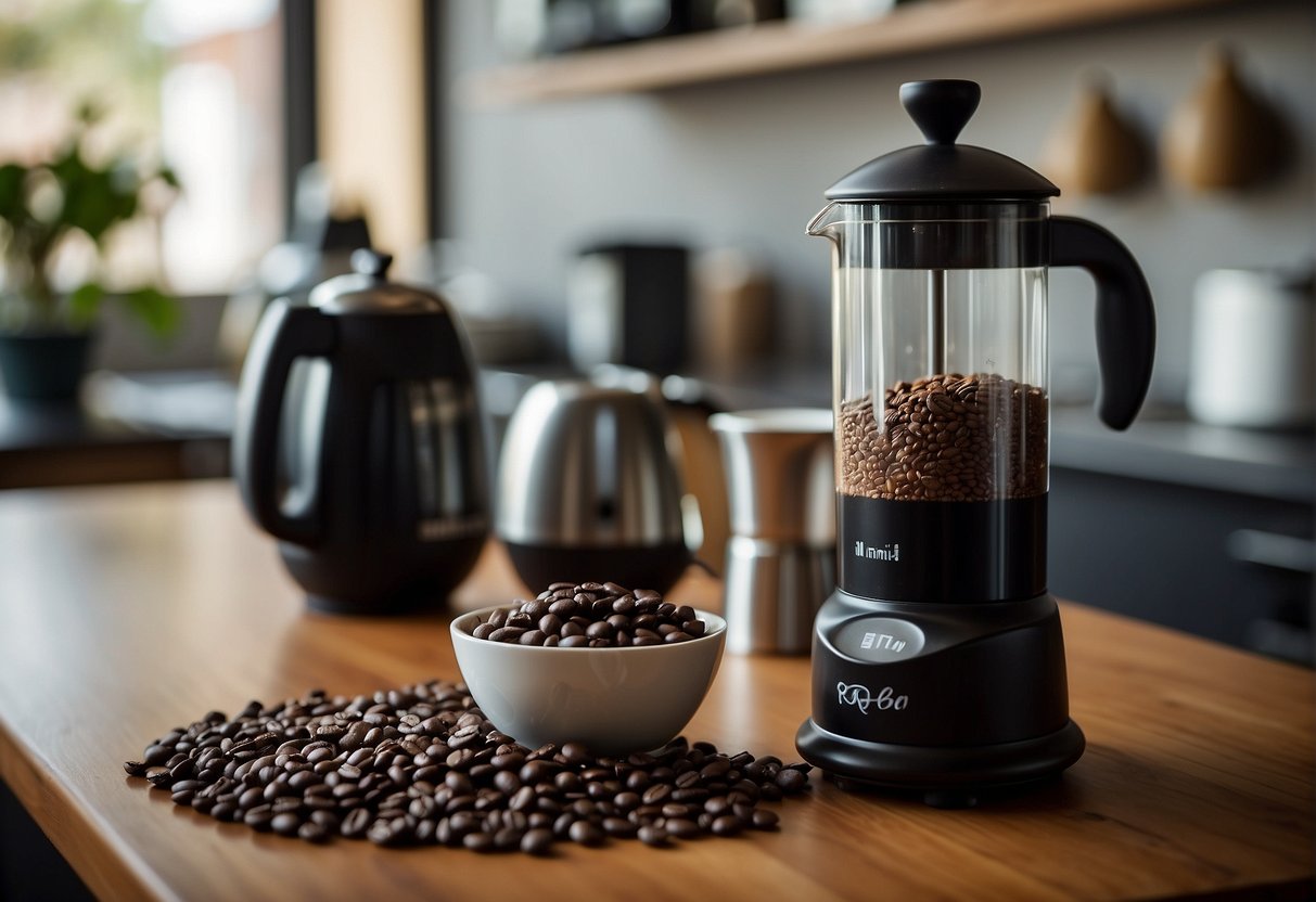 A coffee grinder sits next to a bag of freshly roasted beans. A French press and a kettle are on the counter, ready to brew a perfect cup of coffee