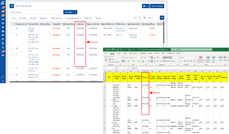 Bổ sung cột ngày tạo trong Hợp đồng và trong file excel danh sách hợp đồng khi tải xuống