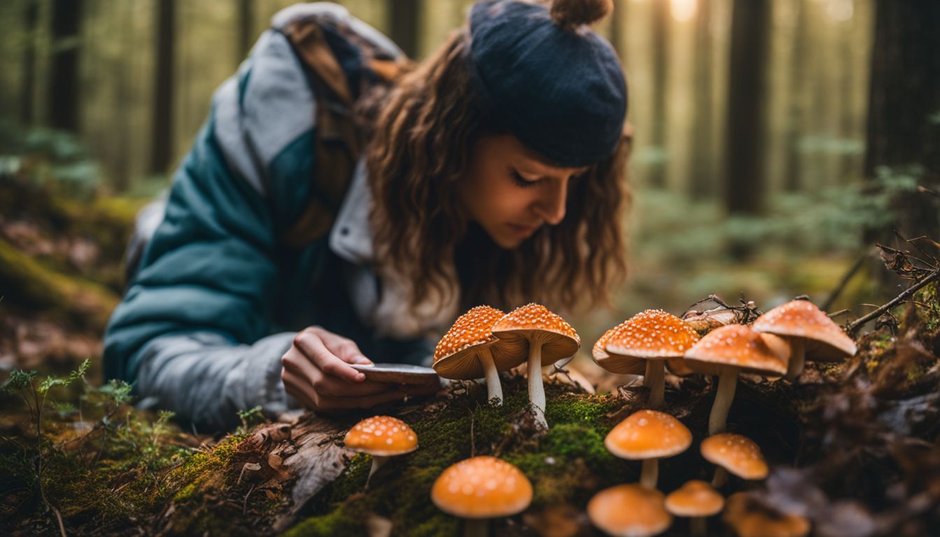 A person holding a wild magic mushroom in a peaceful forest.