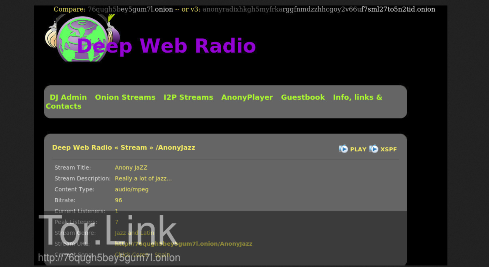Captura de tela da Rádio Deep Web na dark web