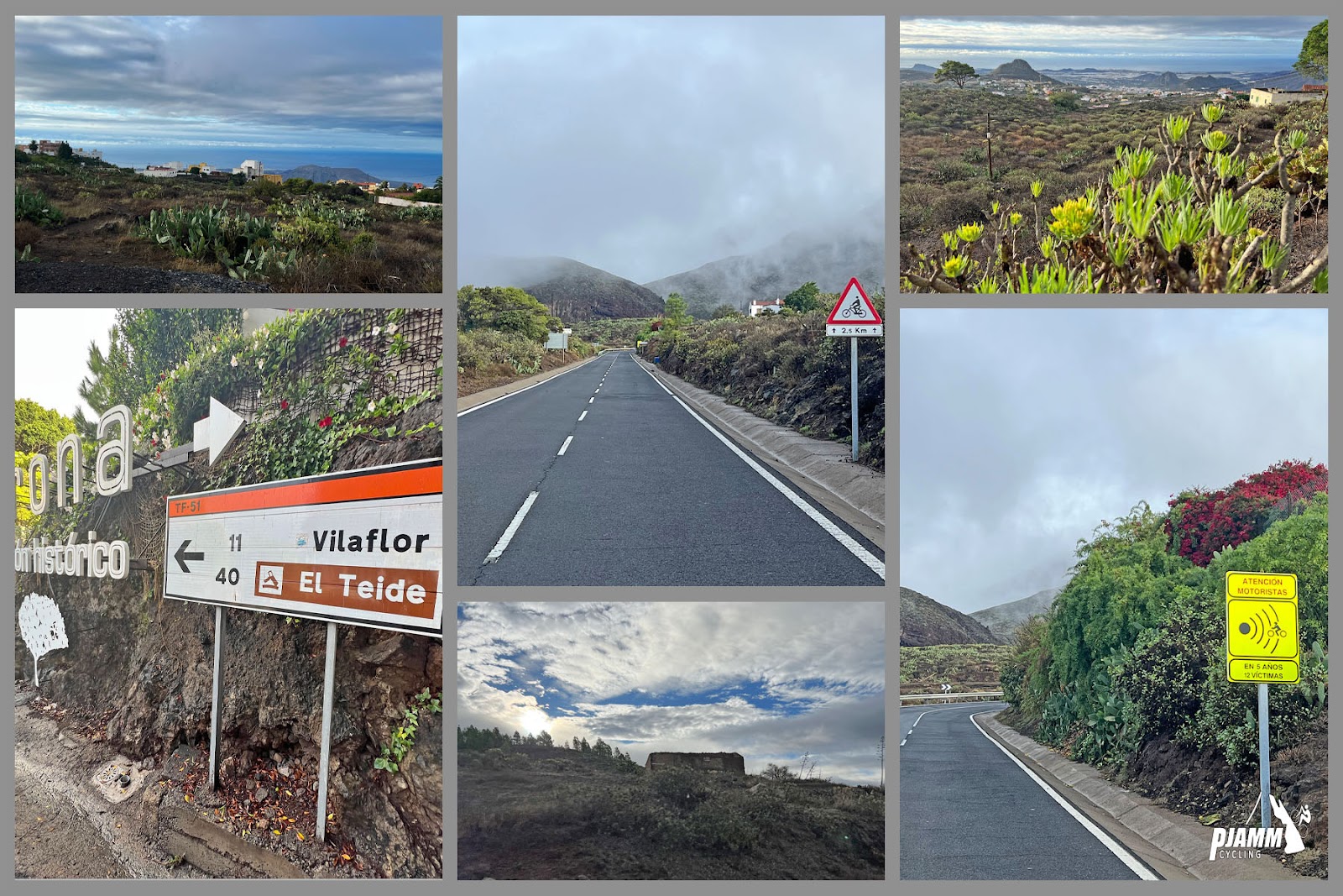 photo collage shows two-lane highway roadway, signs for Vilaflor, El Teide