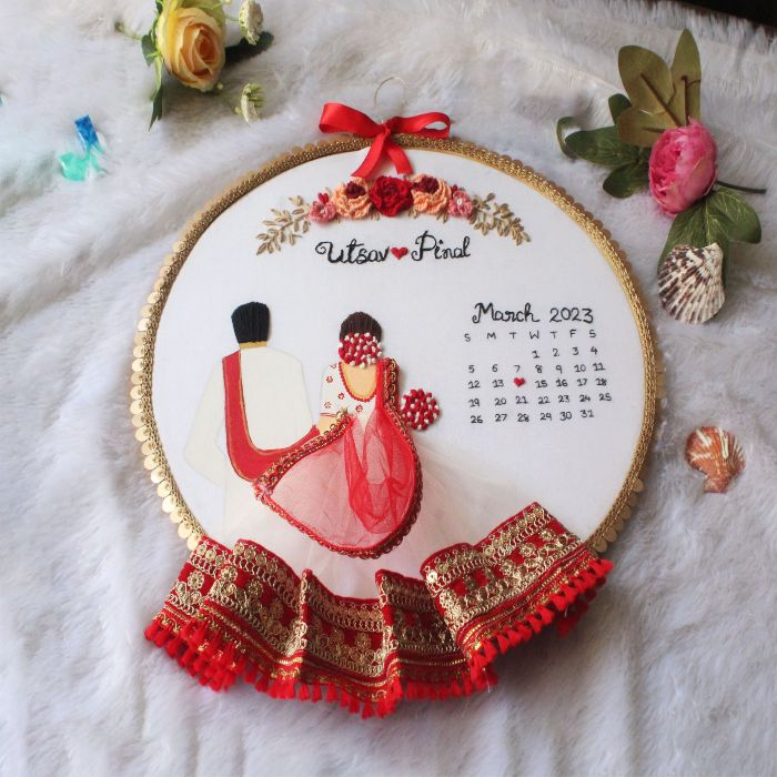 Hand Stitched Embroidery Wedding Hoop With Calendar | Anniversary Gifting