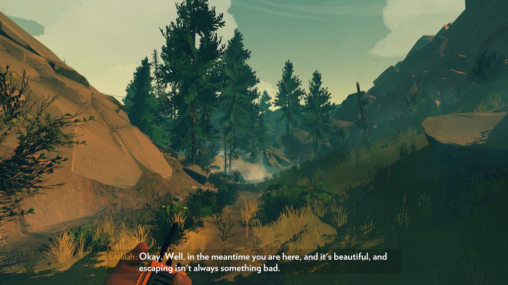 An in game screenshot of a conversation with Delilah in Firewatch. 
