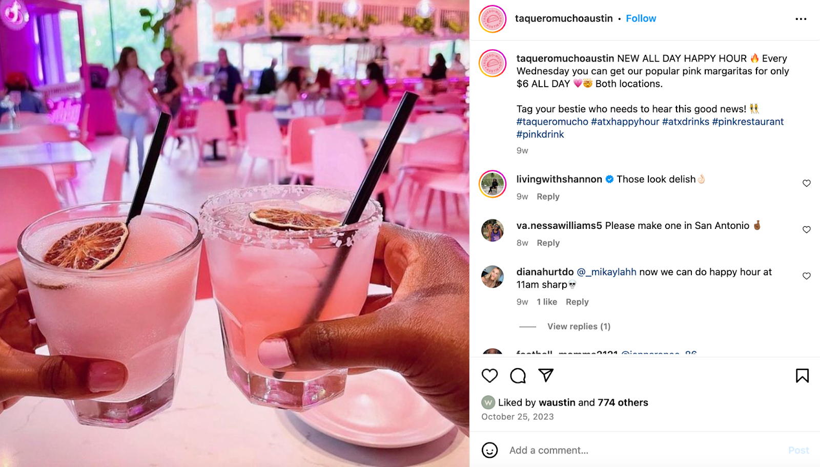 Restaurant marketing ideas: Austin-based Taquero Mucho infuses its signature pink into everything from its dining tables and chairs to its margaritas. 