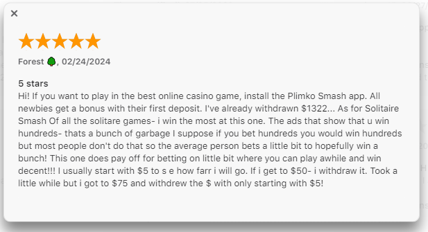 A positive Solitaire Smash Apple App Store review from a player who has withdrawn $1,322 in total game winnings and wins this game the most. 