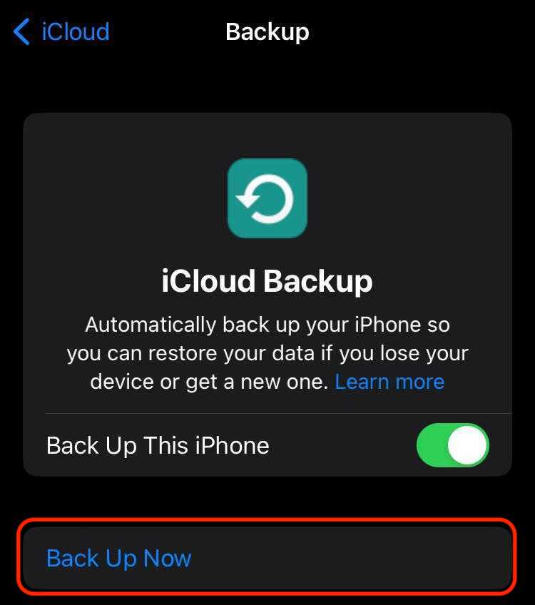 Screenshot der iPhone-iCloud-Einstellungen mit der Backup-Option hervorgehoben