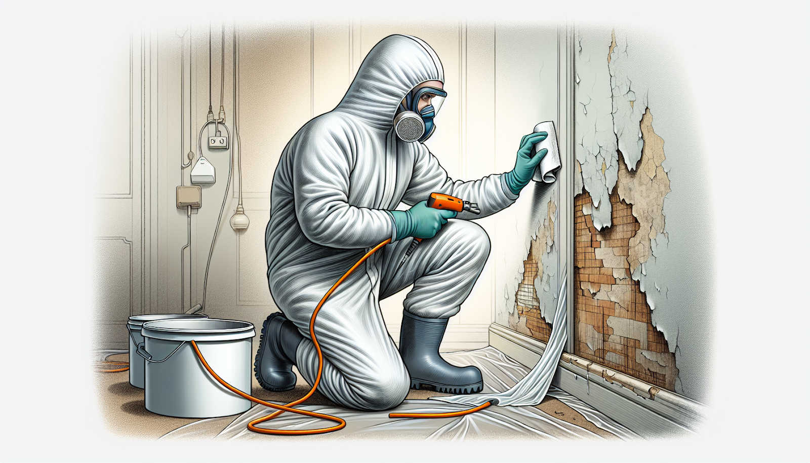 Illustration of a person wearing protective gear while repairing old paint