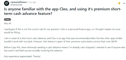 A person asking for reviews about Cleo’s cash advance features. 