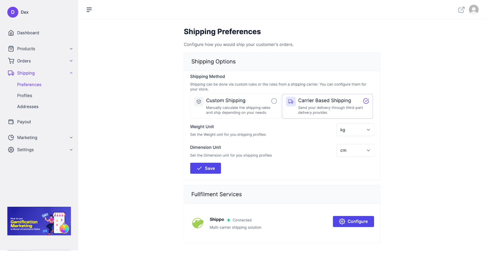 A screenshot to shipping preferences