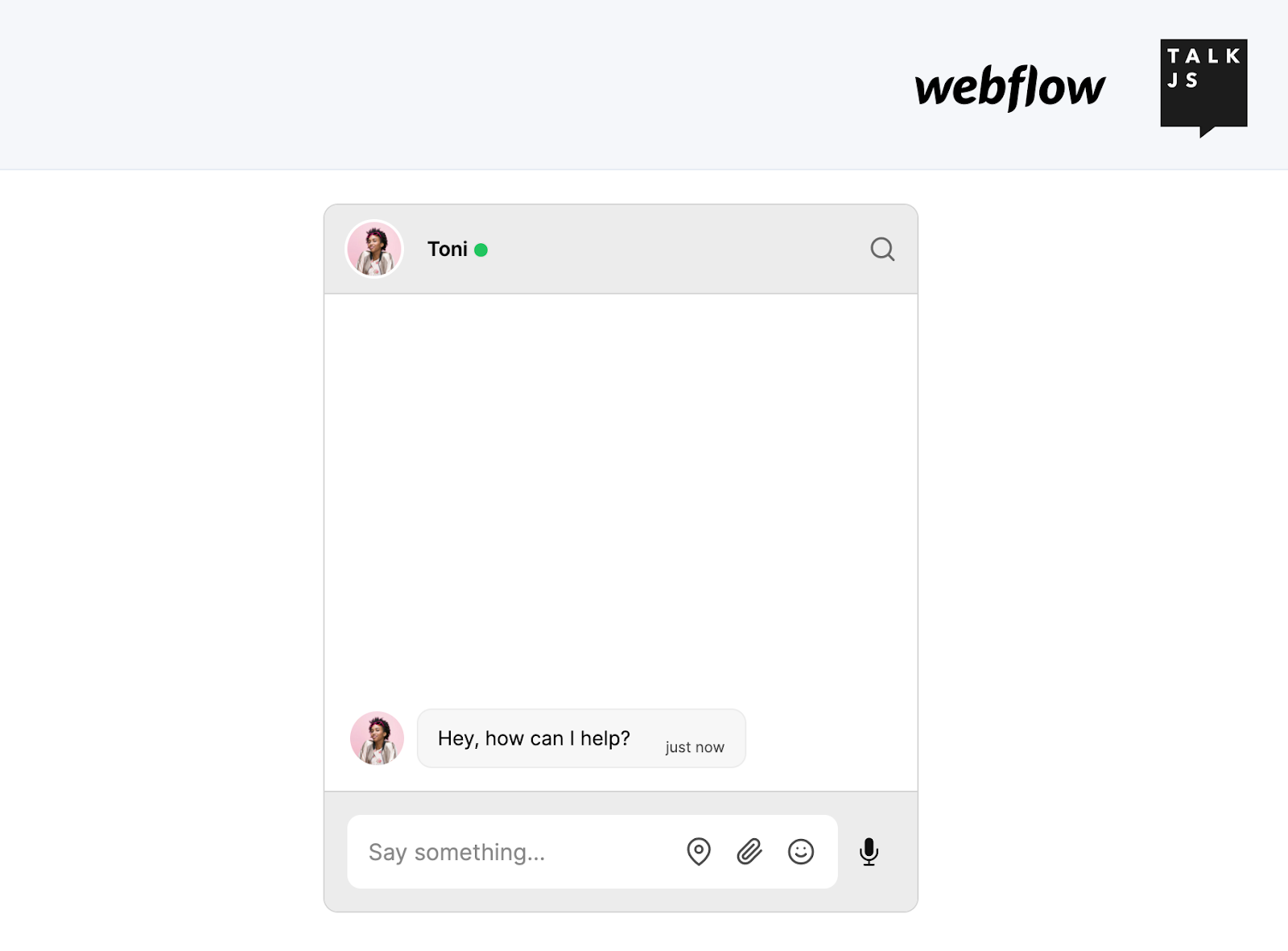 An empty Webflow site with at the center a TalkJS chat window with a person asking: ‘Hey, how can I help?’. At the top is a banner with a Webflow logo and a TalkJS logo.
