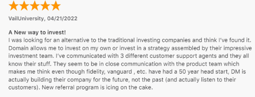 A positive Domain Money review from a customer who really likes the investing options on the platform. 