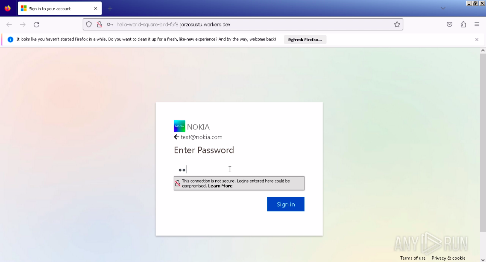 A fake Nokia login page shown in the ANY.RUN sandbox