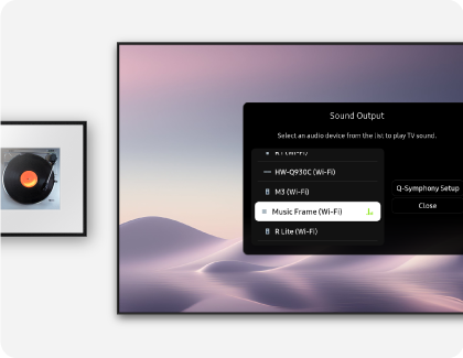 A Samsung TV showing the Sound Output menu, positioned alongside a Samsung Music Frame on a white wall.