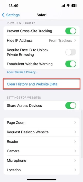  Clear History and Website Data option
