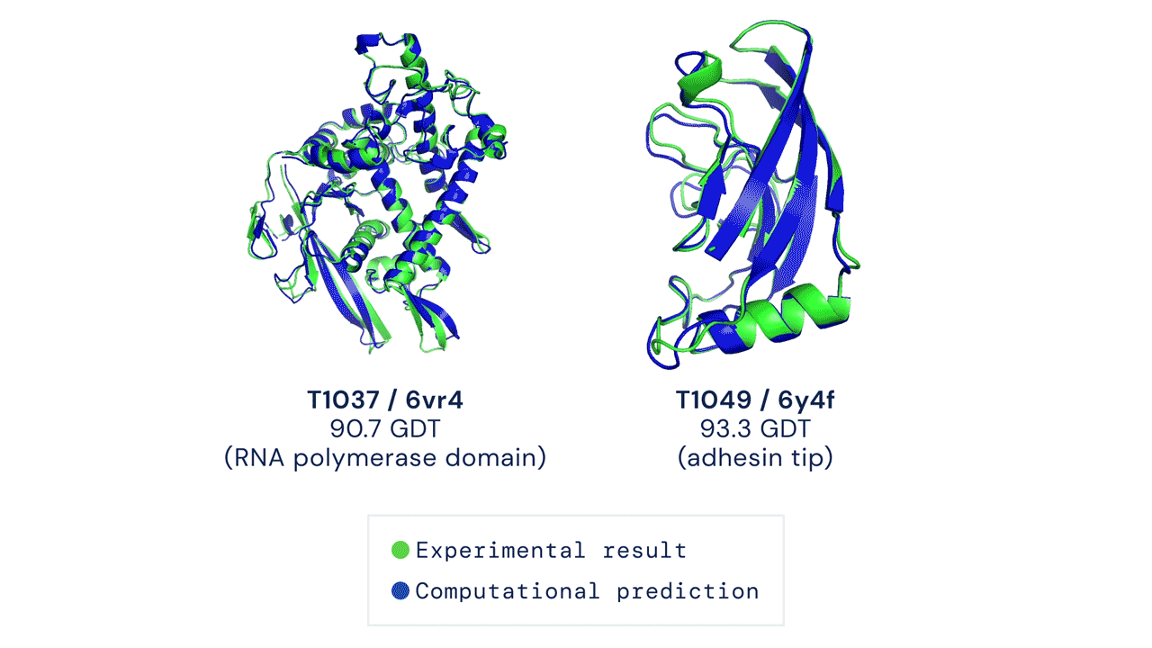 Exemplos de proteínas obtidas através do AlphaFold e comparadas com a estrutura experimental. 