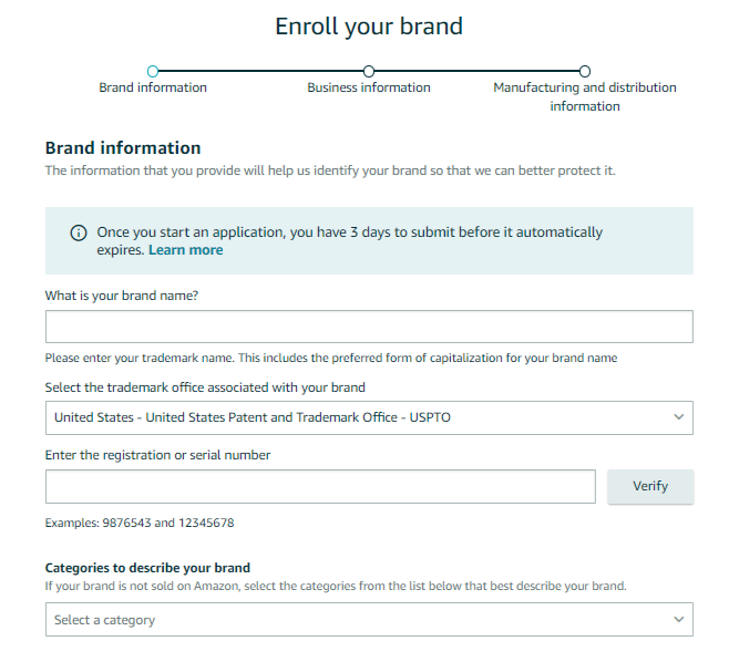 Adding brand information to Amazon seller brand registry.
