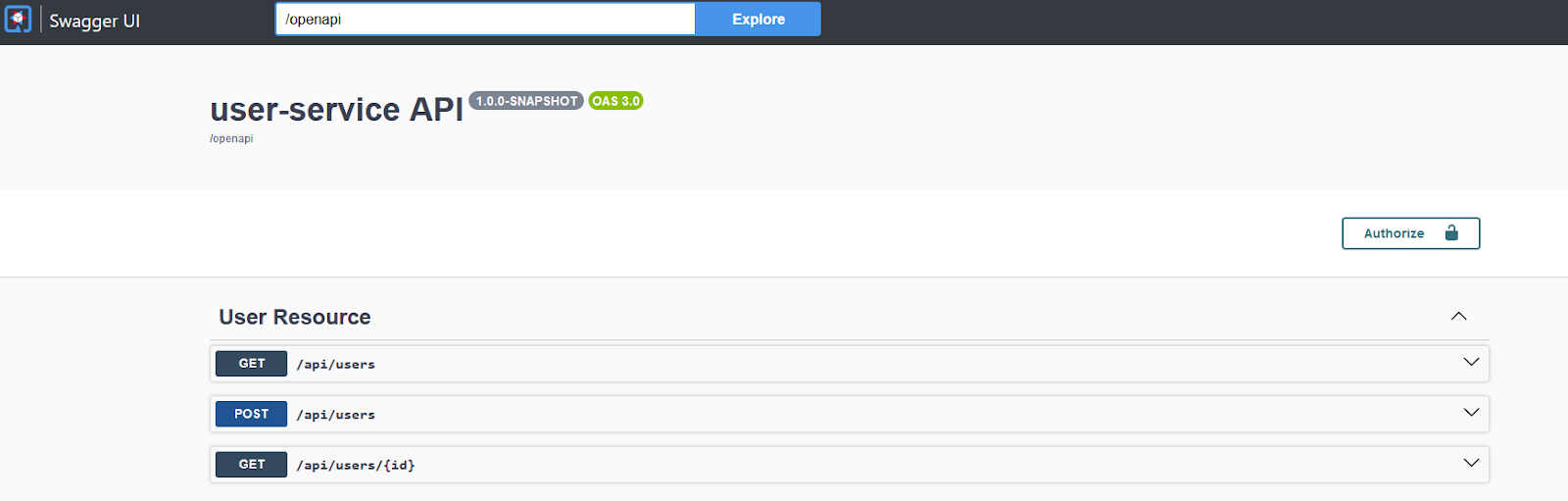 LocalHost open showing the Swagger UI. The page verifies the user-service API is functional.