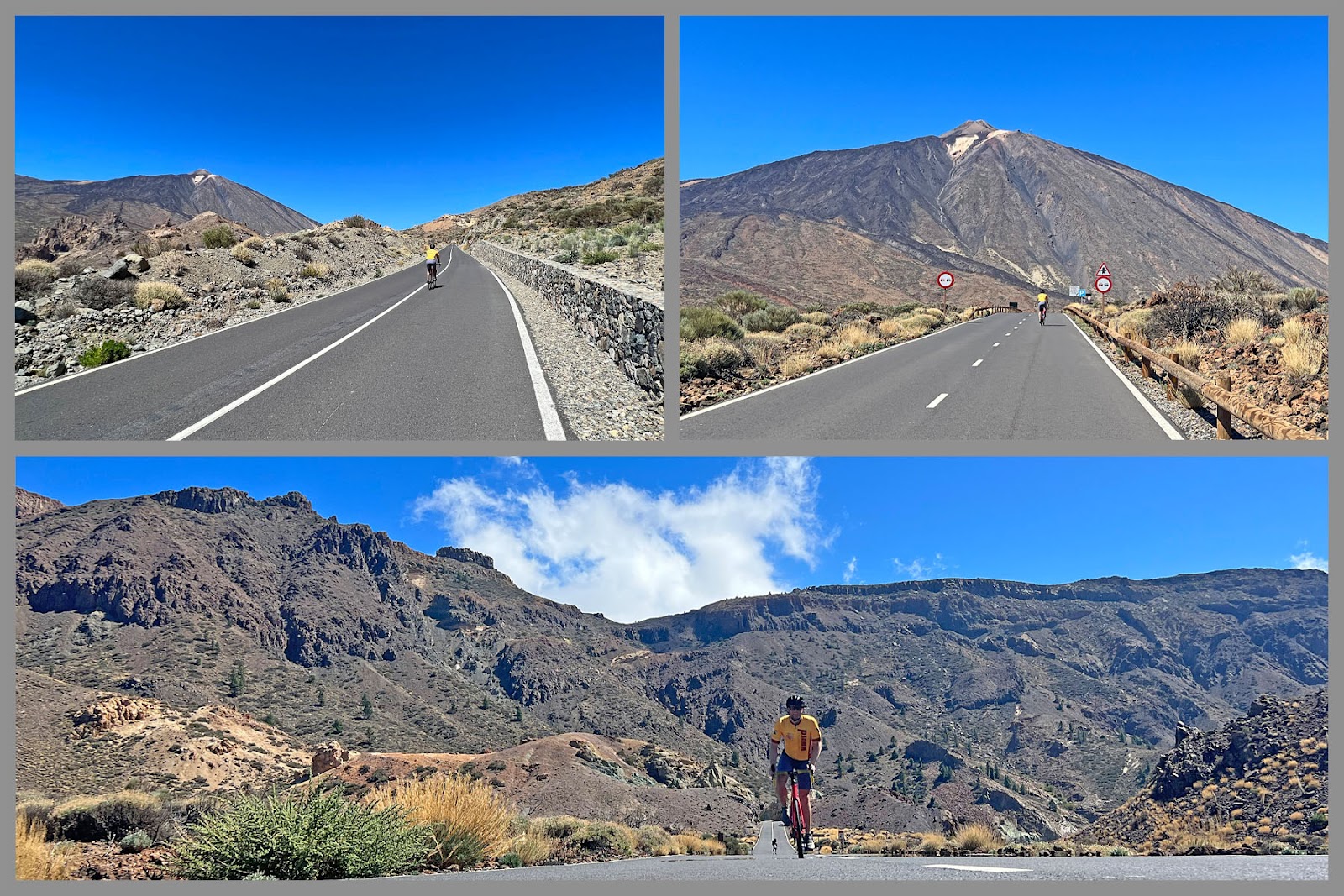 PJAMM Cyclist riding on two-lane highway roadway with Mt. Teide in background