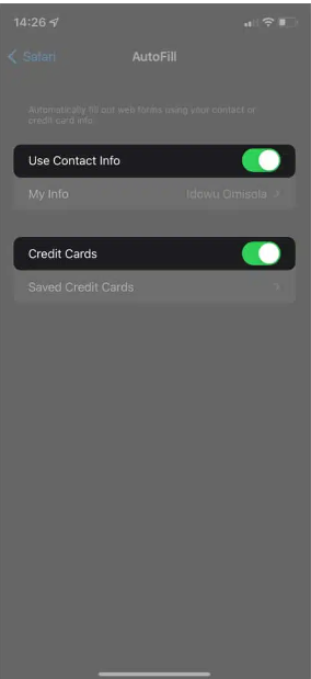 Enable the toggle for Use Contact Info and Credit Cards.