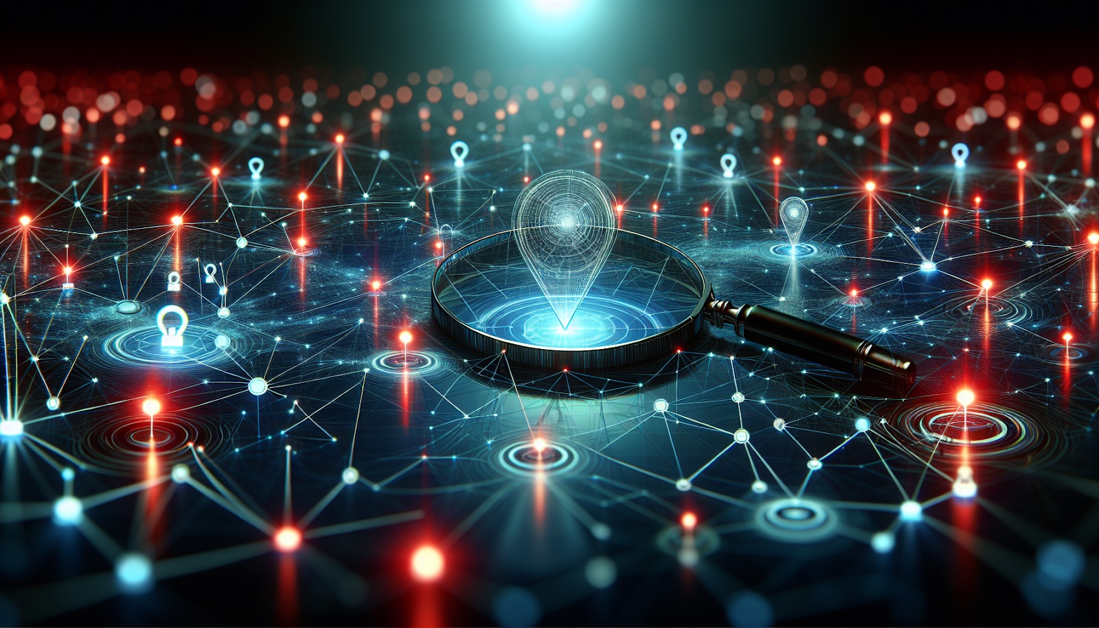 connected points of interest on a networked grid, with a magnifying glass looking at one